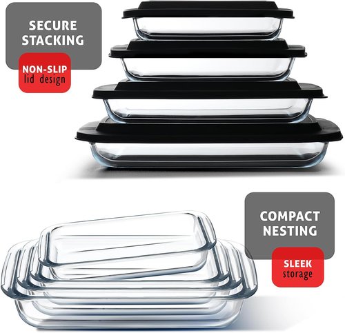 EATEX 8-Piece Deep Glass Casserole Dishes - Oven Safe Bakeware with Plastic Lids | Ideal for Lasagna & Leftovers