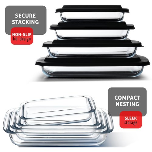 EATEX 16-Piece Deep Glass Casserole Dishes for Oven with Plastic Lids, Glass Baking Dishes for Oven, Rectangular Bakeware for Lasagna, Cooking, Leftovers, Kitchen, Freezer to Oven Dishwasher Safe