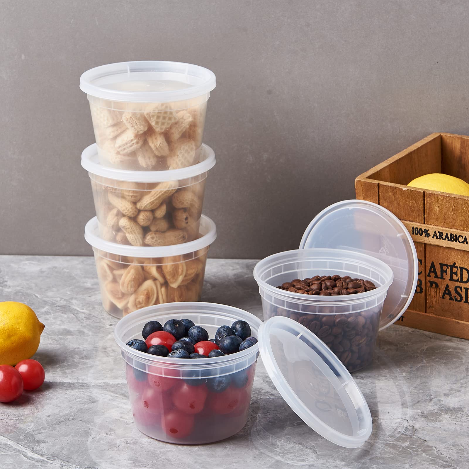 FULING [48pack 16oz Plastic Containers With Lids Deli Disposable Food Storage Takeout Containers Airtight BPA-Free Leakproof Round Bowls for Soup Salad Restaurant Supplies With Clear Lids