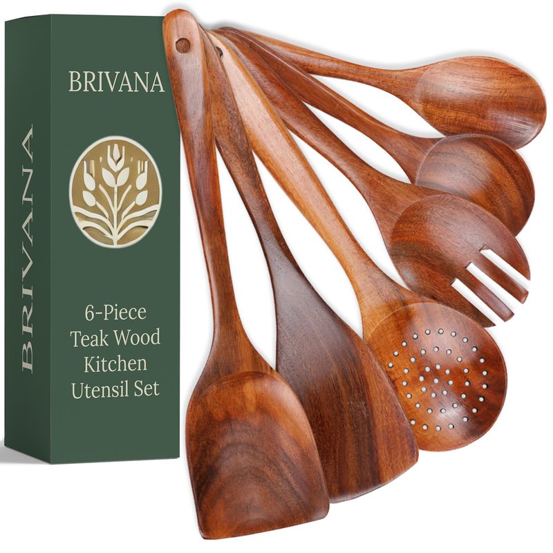 BRIVANA 6-Piece Teak Wood Utensil Set – Durable Natural Teak with Smooth, Sealed Finish – Gentle on Non-Stick Cookware for Everyday Stirring, Mixing, Serving and Cooking