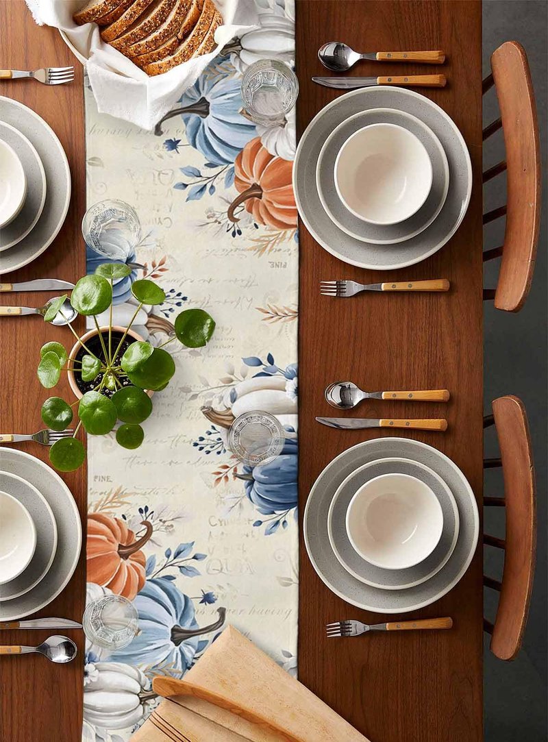 RisQiten Thanksgiving Fall Table Runner - 90 Inch Long Maple Leaf Blue Gray Pumpkin Cotton and Linen Blended Dress Scarves Farmhouse Table Runner for Kitchen Dining, Coffee Table, 13" x 90"