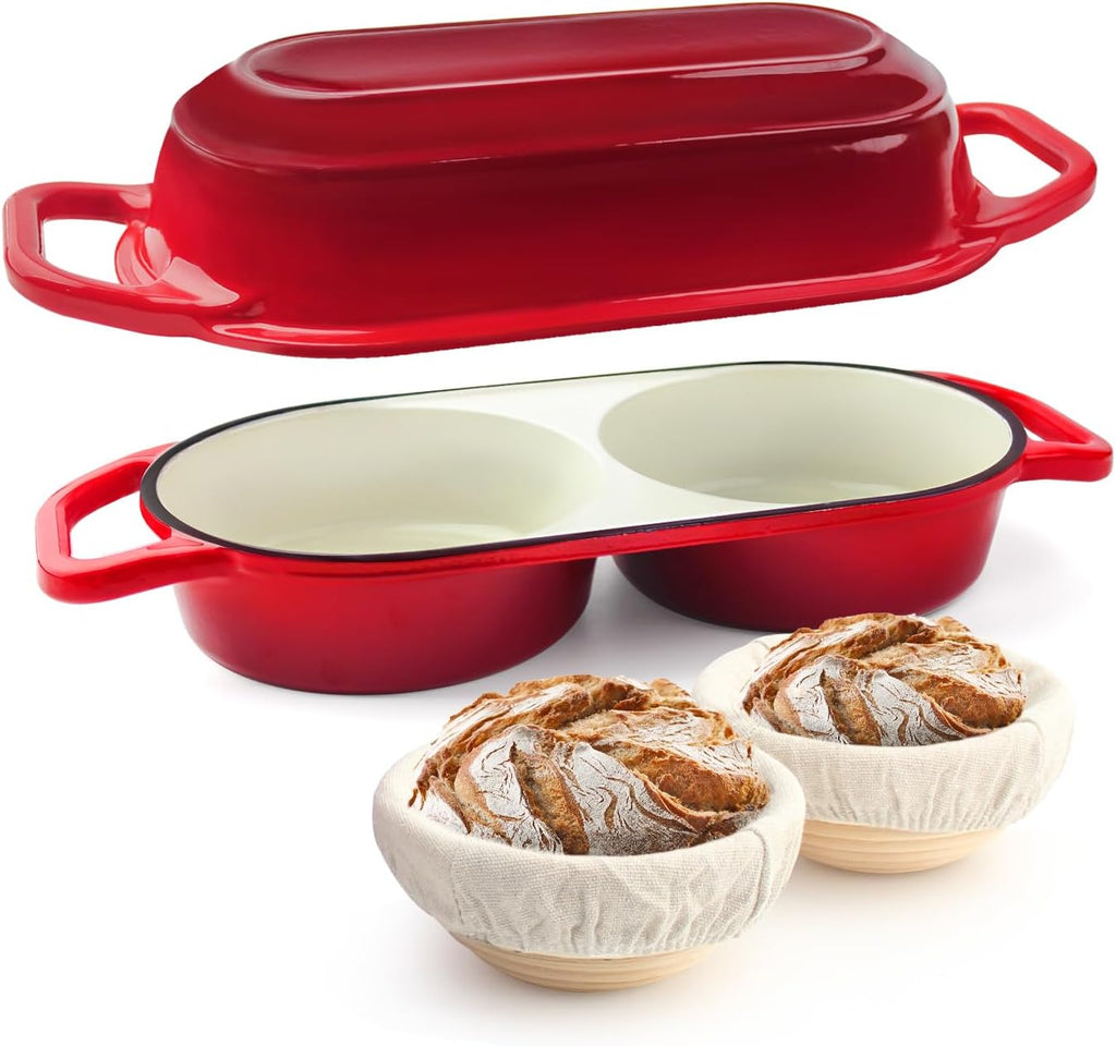 YONILL Mini Double Dutch Oven - Enameled Cast Iron Pot with Lid & 5" Banneton Basket Kit | Red