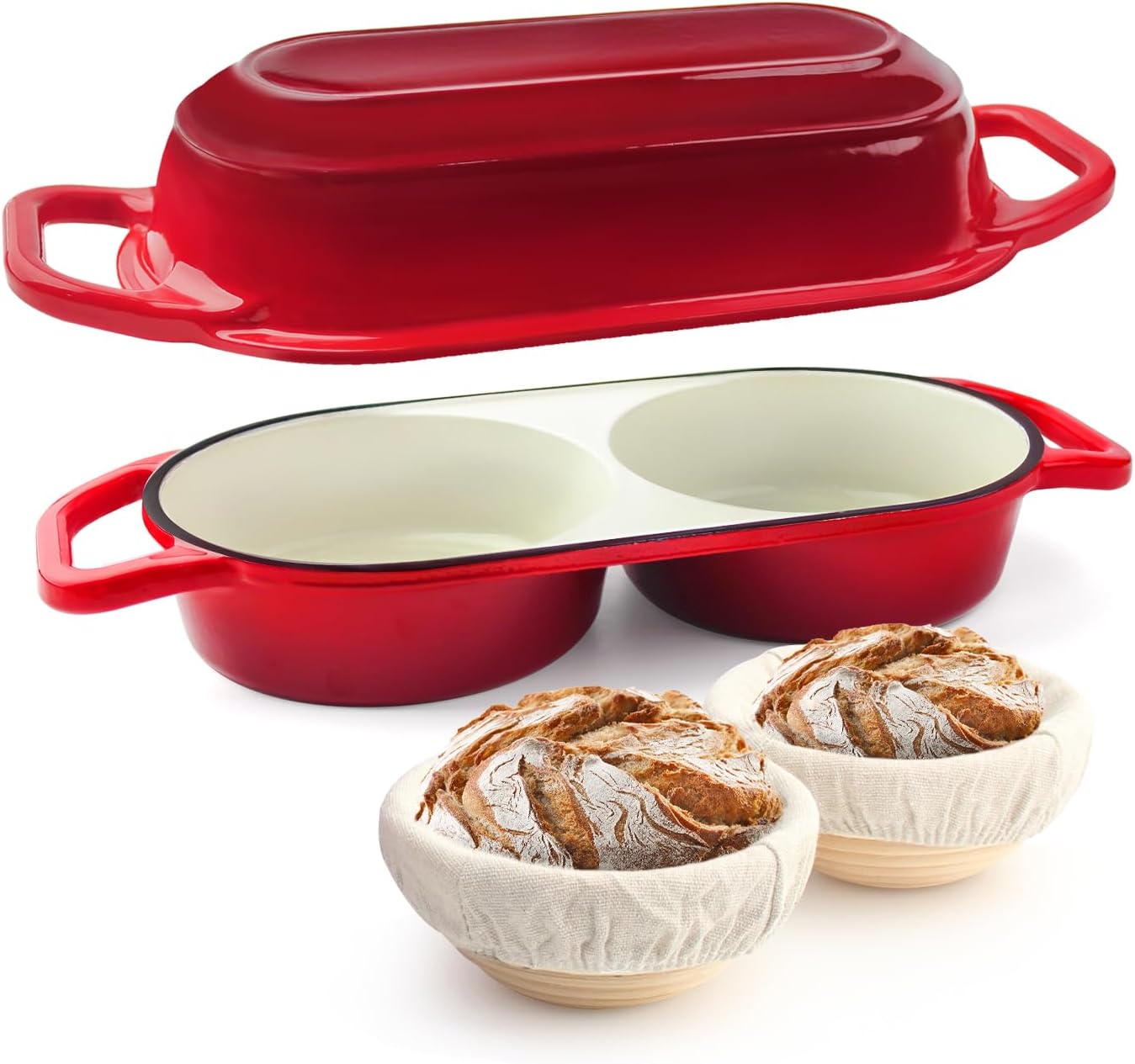 YONILL Mini Double Dutch Oven - Enameled Cast Iron Pot with Lid & 5" Banneton Basket Kit | Red