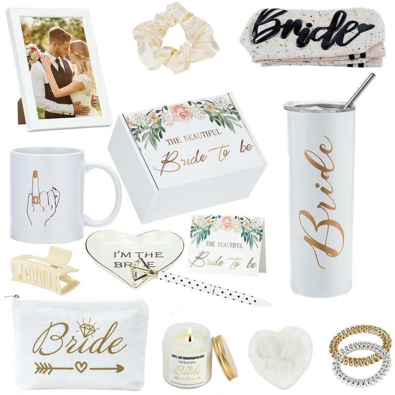 WEDNGGF Bride to Be Gifts for Bridal Shower Engagement & Bachelorette Gift Box for Future Mrs Includes Wooden Photo Frame, Coffee Mug, Real Gold Rimmed Ring Dish, Stainless Steel Tumbler & Spa Set
