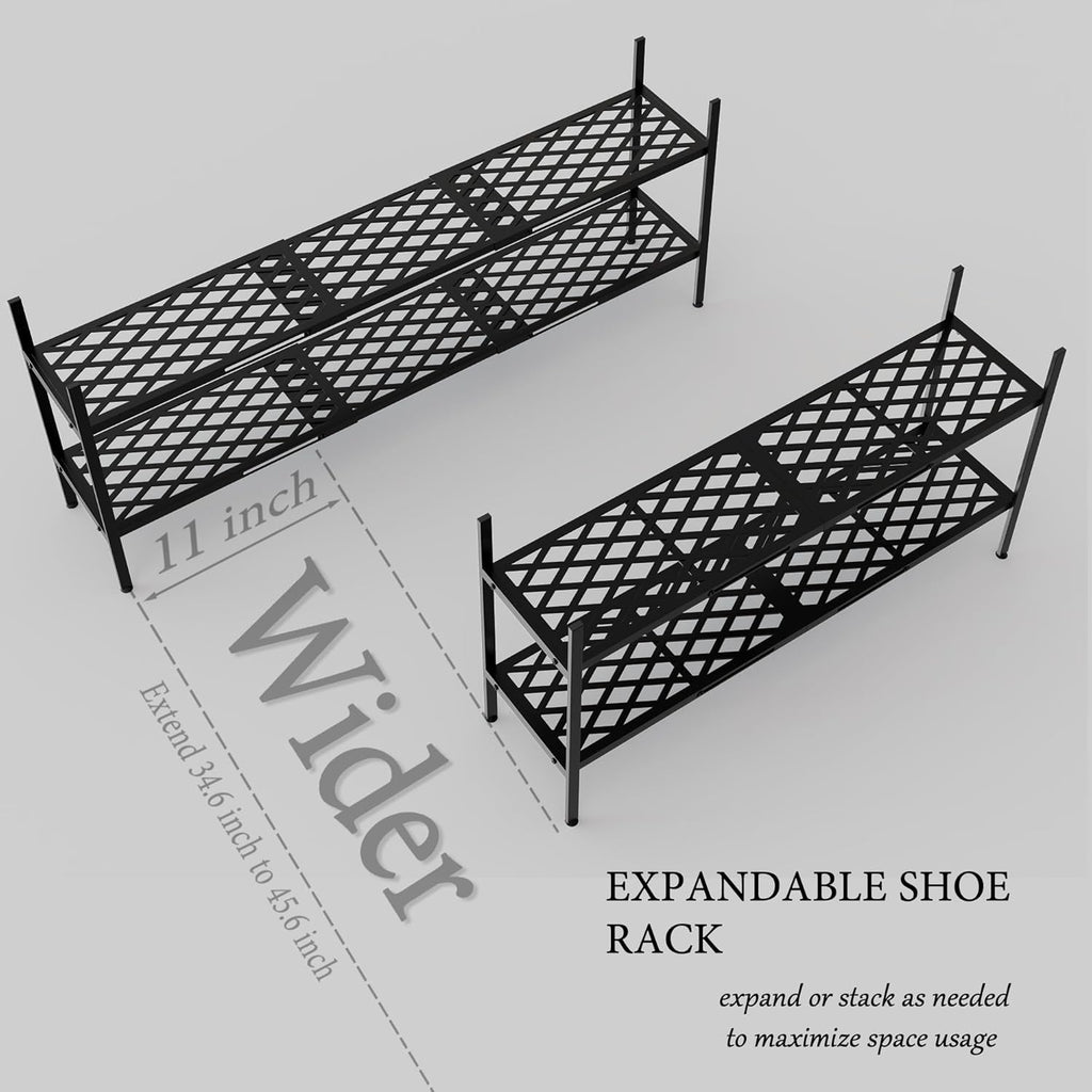 Skiennix Expandable Shoe Rack - 2-Tier Metal Organizer for 12-18 Pairs | Black 45.6 Inches