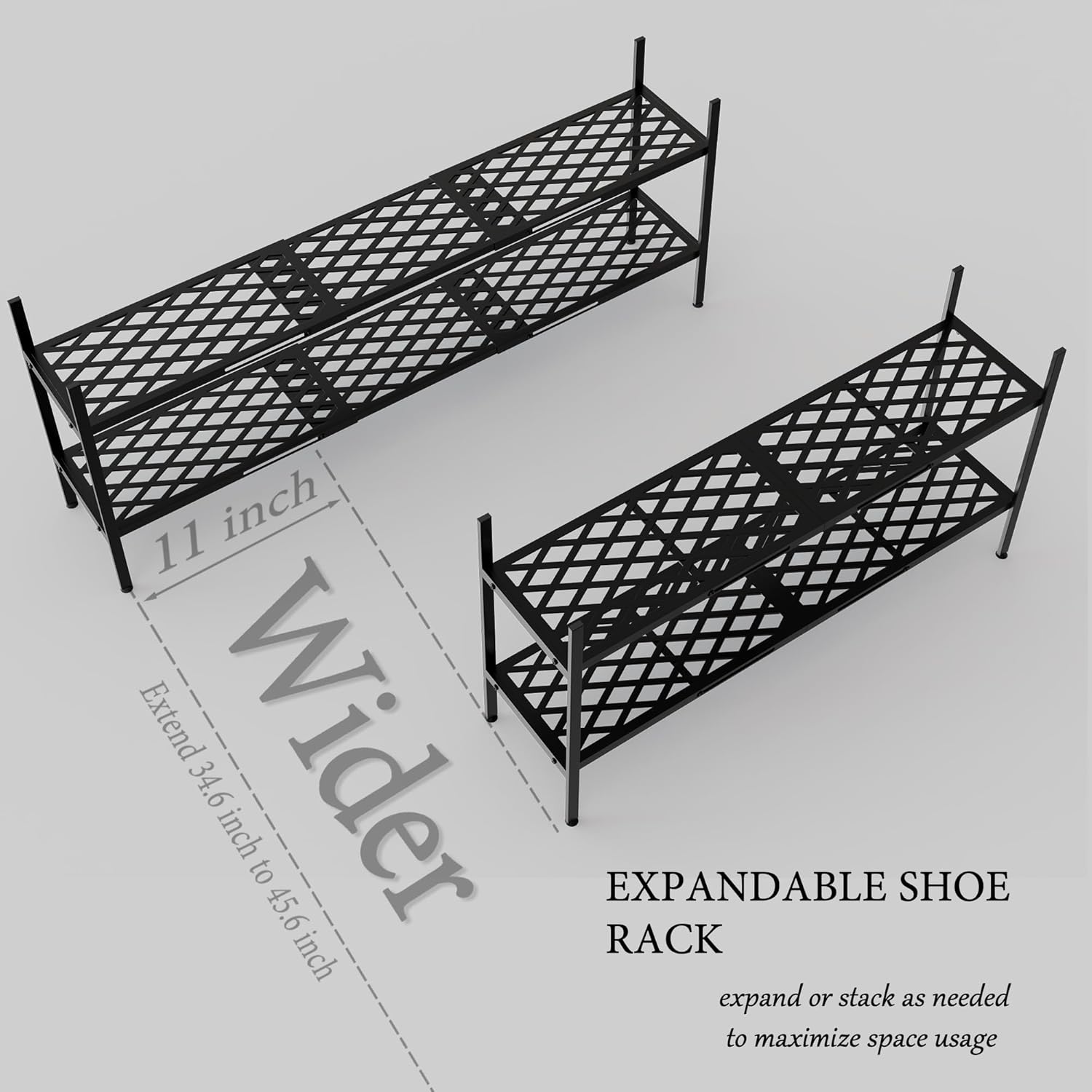 Skiennix Expandable Shoe Rack - 2-Tier Metal Organizer for 12-18 Pairs | Black 45.6 Inches