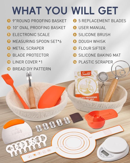 30-Pcs Sourdough Bread Baking Supplies - Sourdough Starter Kit | Including 9 inch Round and 10 inch Oval Banneton Proofing Basket，Precision Measuring Spoons，Electronic scales