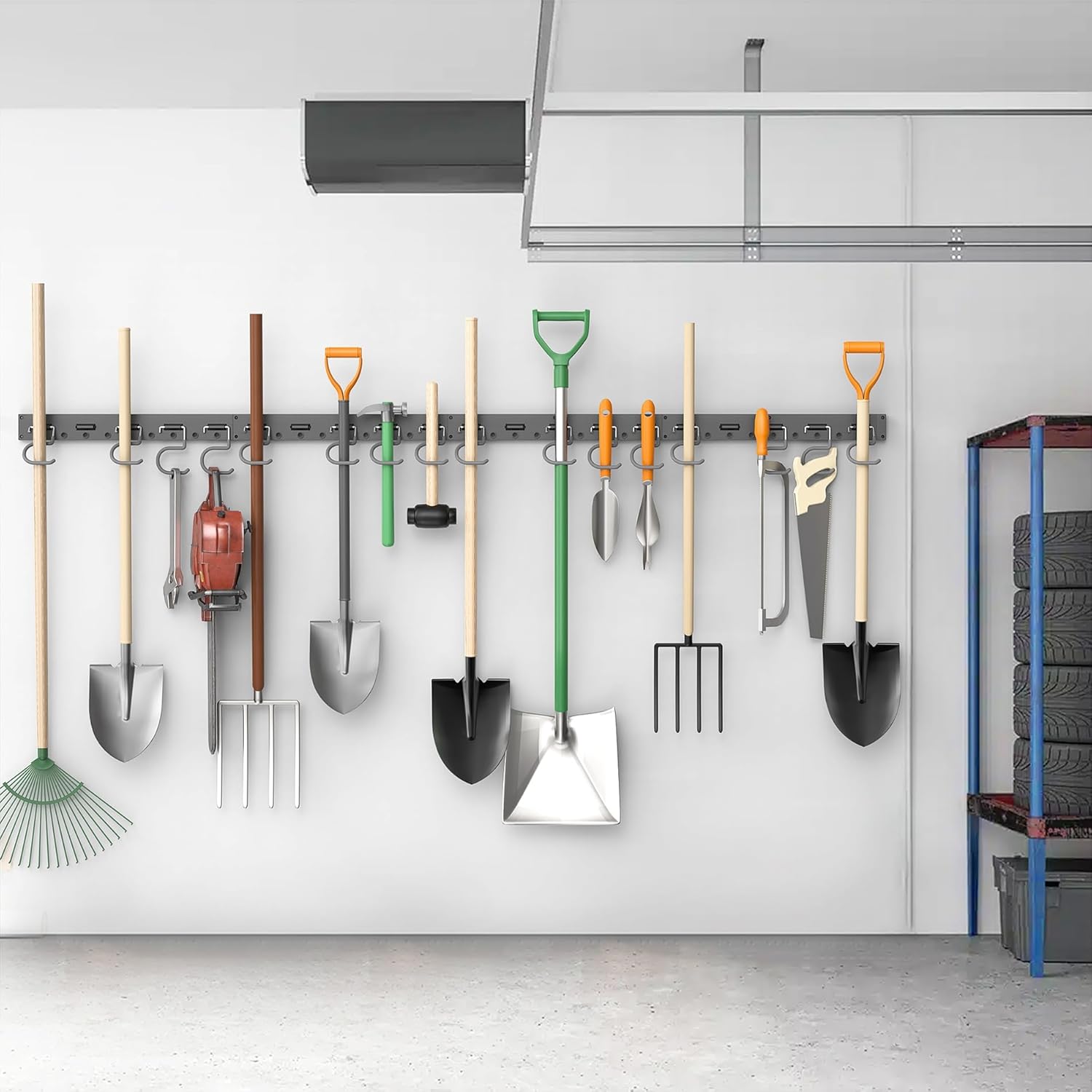 TORACK Wall Mounted Mop and Broom Holder - Garden Tool Organizer with 4 Tracks & 16 Hooks