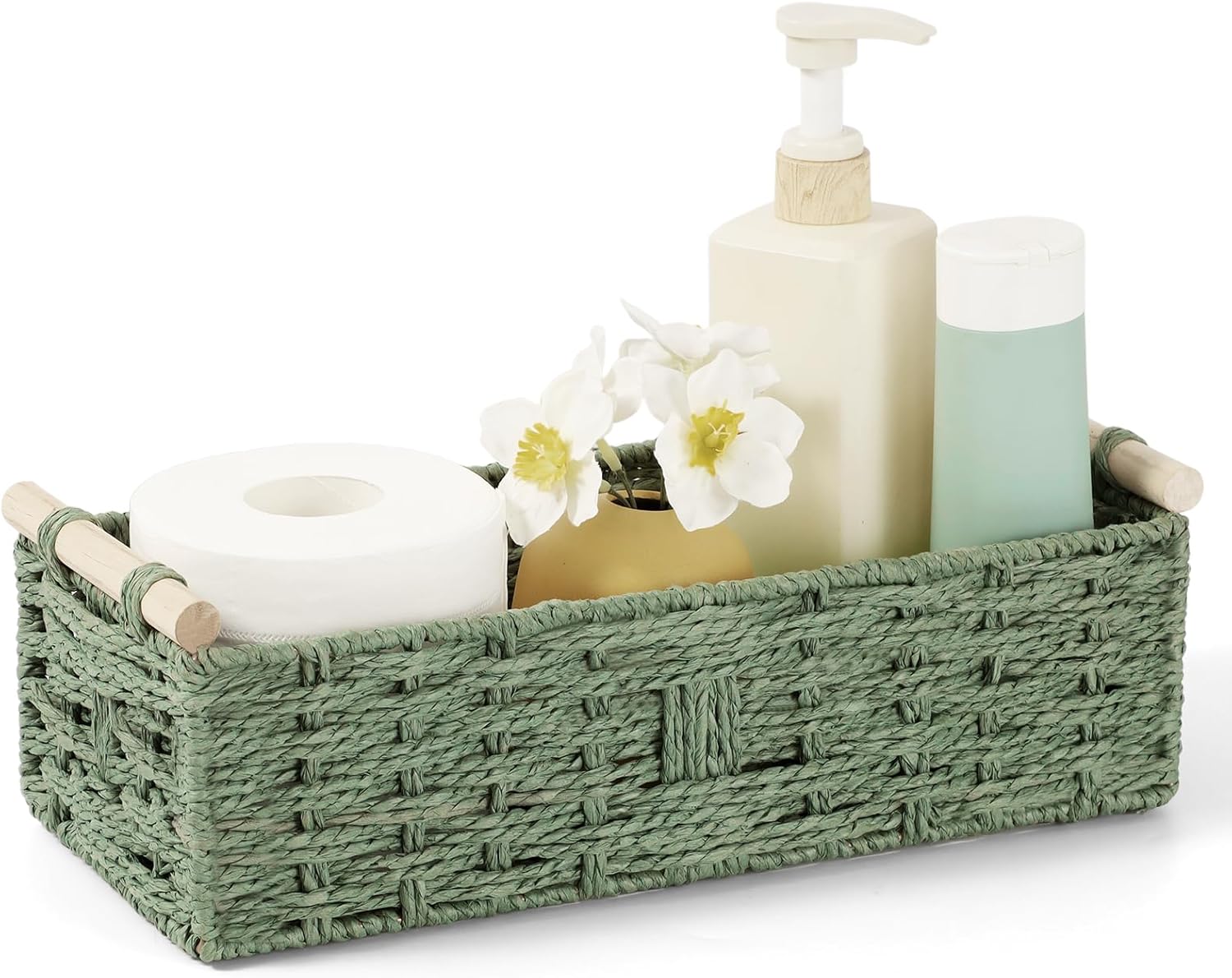 Skiennix Toilet Paper Storage Basket - Decorative Wicker Design with Wooden Handles | Green Paper Rope for Bathroom Decor