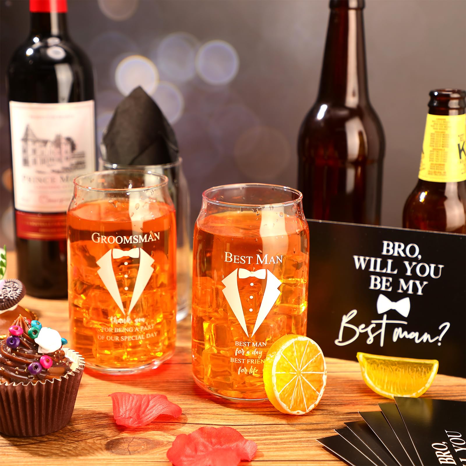 Nuanchu Set of 7 Groomsman Proposal Gifts Best Man Gift Beer Glass Set with Tuxedo Glasses Will You Be My Groomsman Cards Tissue Paper for Bachelor Party(16 oz,Beer Glasses)