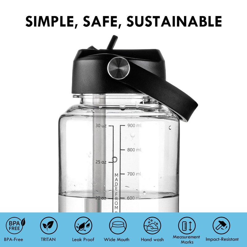 OLDLEY 32 oz Clear Water Bottle with Straw,Tritan BPA-Free, Wide Mouth, Leak Proof - for Gym, Travel, Home, School, Office (Clear)