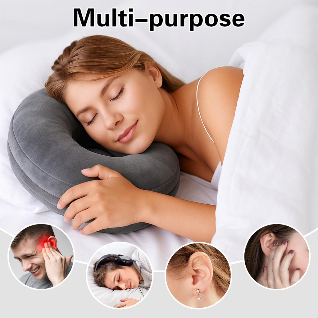 Winmany Ear Piercing Pillows with Detachable Plush Pillowcase for Side Sleepers Circle Donut Pillow for Ear Guard Protector Pain Relief Washable (Dark Grey)