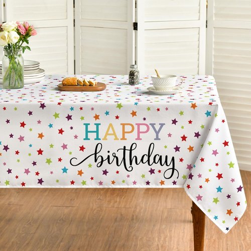 Horaldaily White Happy Birthday Tablecloth 60×120 Inch Rectangular, Gold Star Printed White Table Cover for Birthday Decoration, Birthday Party Supplies