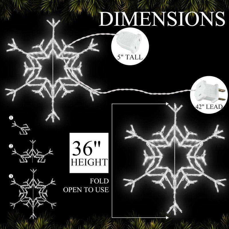 VIHOSE 36" Christmas Snowflake Lights 162 LED Snowflake Decoration Large Outdoor Hanging Lights for Yard Porch Christmas Party Nativity Scene Special Soft Head for Folding Iron Frame(Cool White)