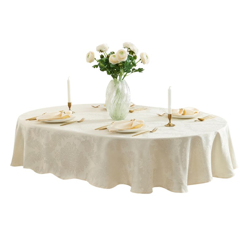 Newbridge Barcelona Luxury Damask Fabric Tablecloth, 60” Wide x 120” Oval, Antique White, 100% Polyester, No Iron, Soil Resistant Dining Room, Party and Banquet Table Cover