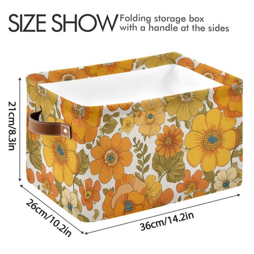 Aslsiy Storage Basket Vintage 70s Style Flowers Nursery Bins Baby Box Canvas Clothes Shelf Basket Laundry Hamper Gift Baskets for Home Closet 1 Pcs