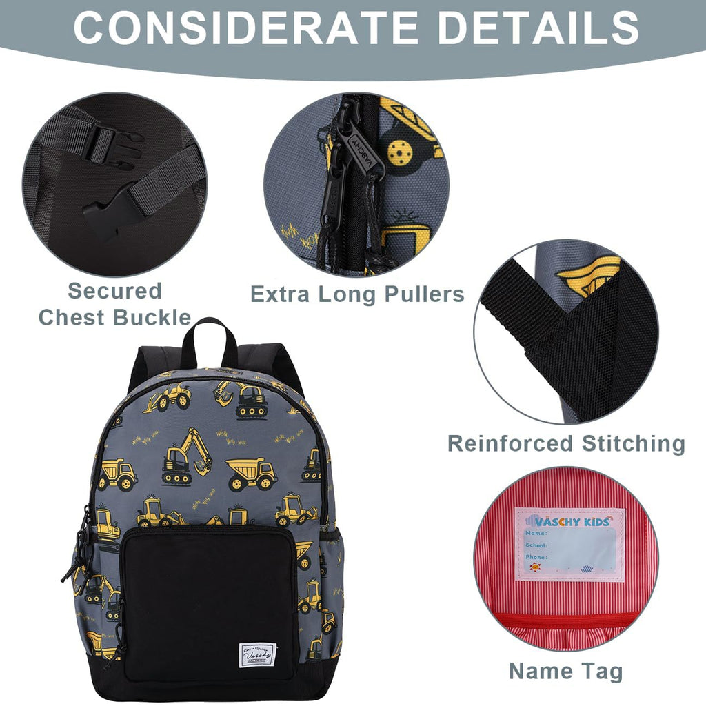 VASCHY Toddler Kids Backpacks, Cute Lightweight Water Resistant Preschool Backpack for Little Boys with Chest Strap Excavator