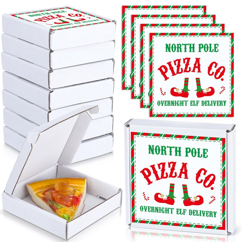 Tioncy 100 Pcs 3.54 x 3.54 x 0.78 Inch Mini Pizza Box with Elf Stickers - Square Flat Cardboard Cookie Pizza Box for Christmas, Birthday Party Favors, Valentines Day