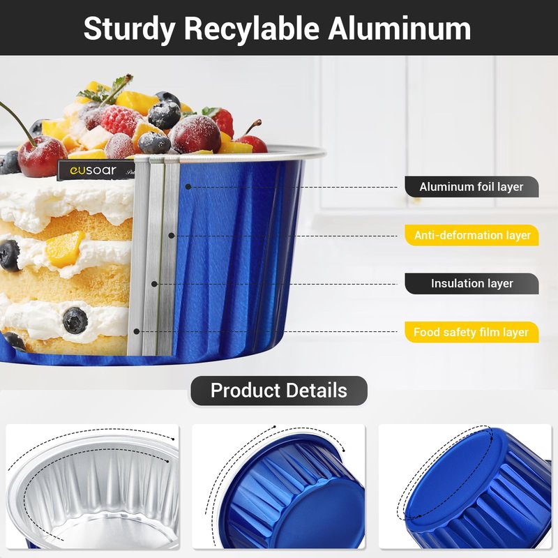 EUSOAR Cupcake Cups with Lids, 5oz 50pcs Disposable Desserts Flan, 3.34"x2.59"x2.35" 125ml Baking Cups with Lids, Aluminum Foil Desserts Cupcake Flan, Catering Gathering Shower Favor-Royal Blue
