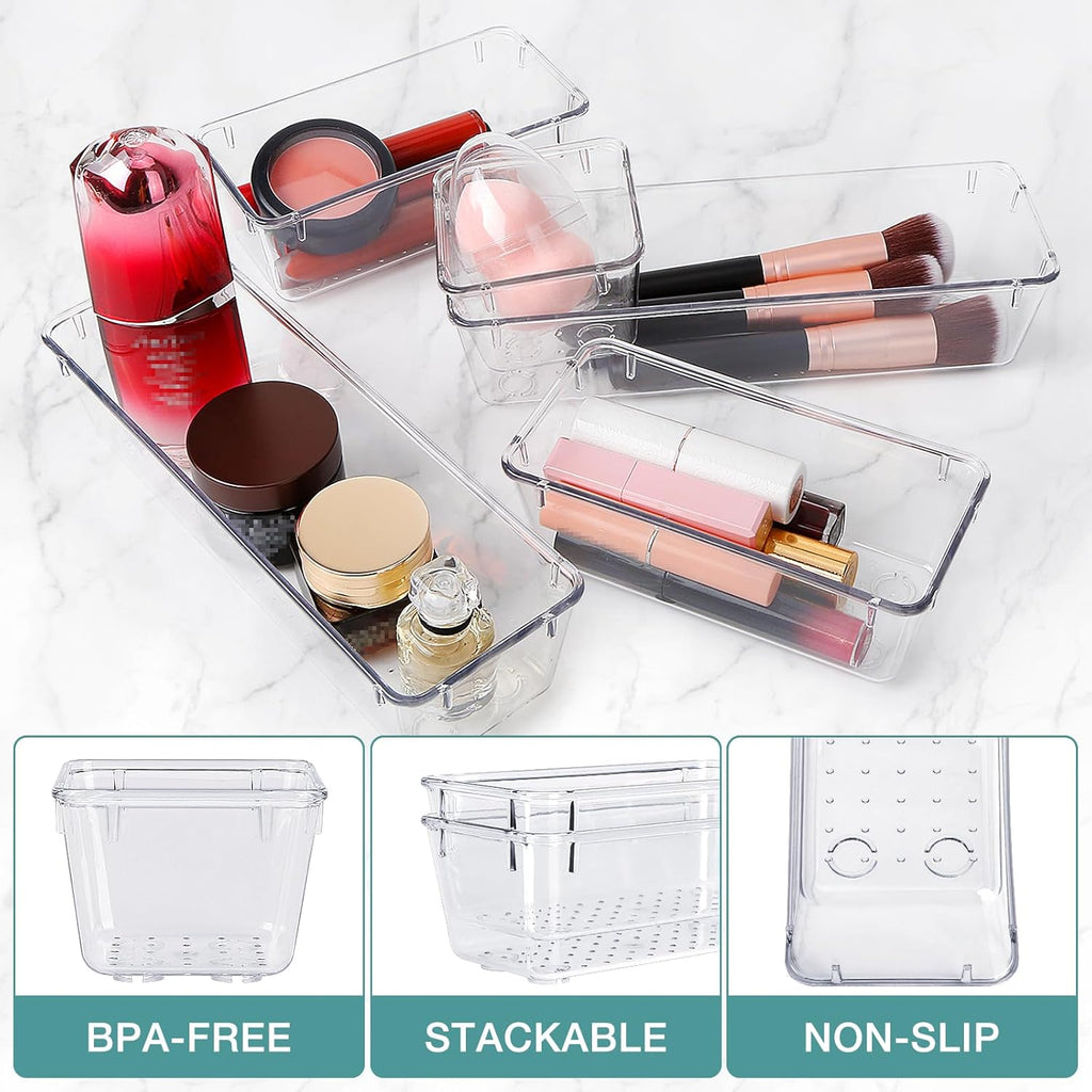 StorMiracle Drawer Organizer Set - 16 PCS Clear Storage Bins for Bathroom & Kitchen | Versatile Sizes for Makeup, Jewelry & Utensils