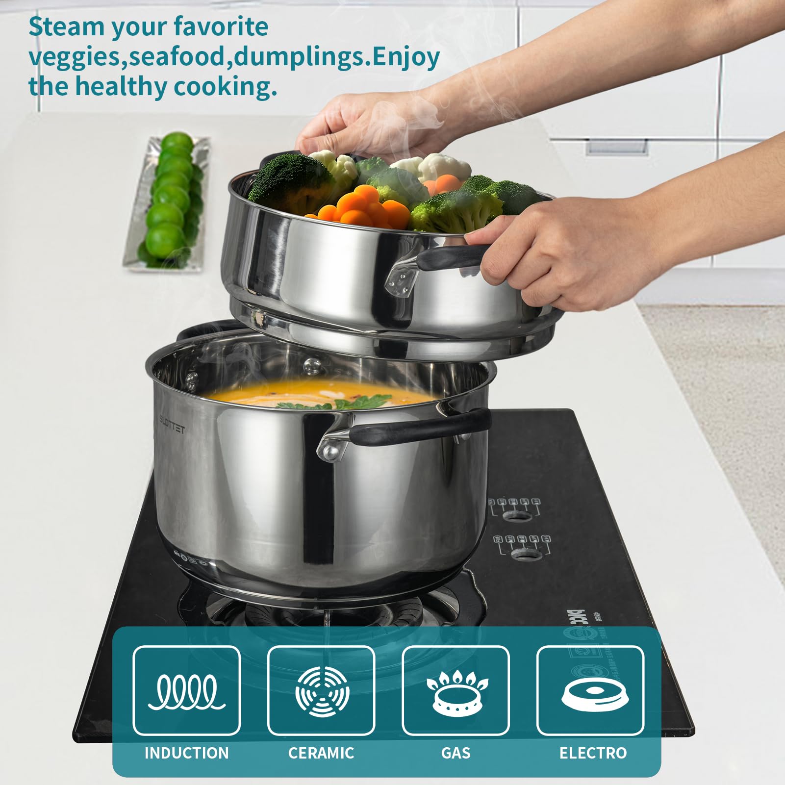 SLOTTET Stainless Steel 8 Quart Stock Pot with Steamer,8 Qt Deep Soup Pot for cooking,Multipurpose Stockpot with silicone Stay-cool Handle.
