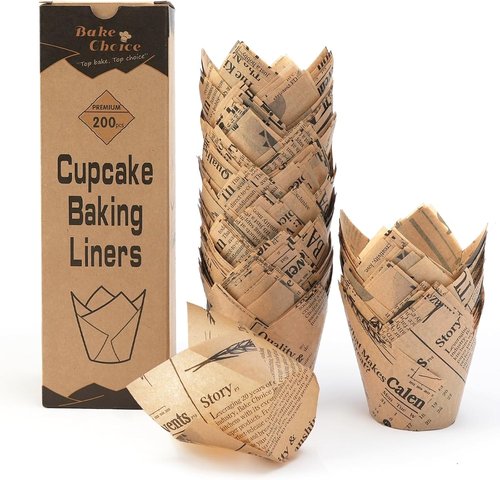 Bake Choice Tulip Cupcake Liners - 200 Pcs Grease Resistant Parchment Paper Muffin Wrappers | Newspaper Print