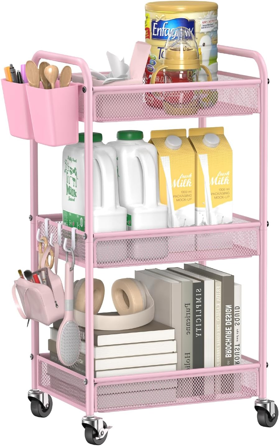 YASONIC 3-Tier Rolling Cart - Metal Utility Storage with Wheels & Hooks | Pink Craft Organizer