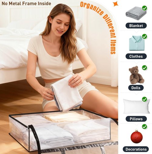 Clear Under Bed Storage Containers - 4 Pack Large Capacity Bags with Lids & Sturdy Handles | Foldable Clothing Organizer Totes (60L)