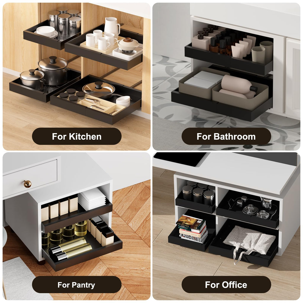 Melovinho 2 Pack Expandable Pull Out Kitchen Cabinet Organizer,Adhesive No Drilling Slide Out Drawers for Kitchen Base Cabinet,Shelves,PantryStorage, Adjustable Width Cabinets Drawers 12.4"-20.4"