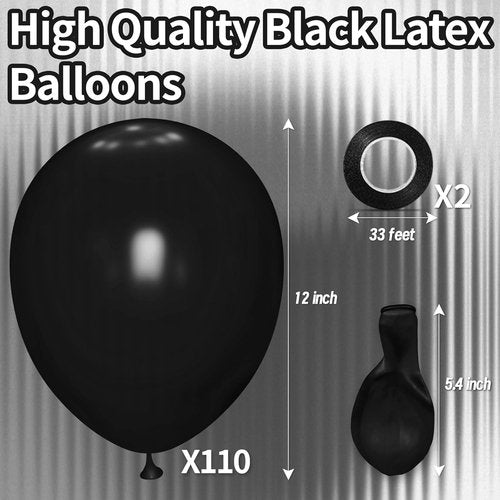 KAWKALSH 12-Inch Black Latex Balloons - 110pcs Thickened Helium Party Supplies for Birthdays & Weddings