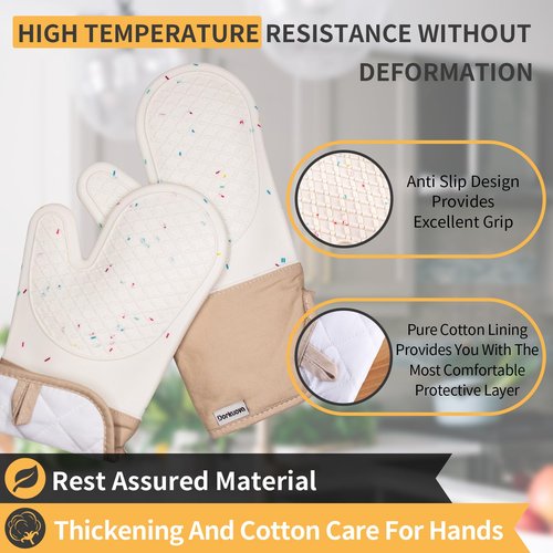 Dorkuova Oven Glove Cute,Cooking Mittens,Oven Mittens for Kitchen,Oven Gloves for Kitchen,Washable Silicone Oven Mitts Heat Resistant 500°F, Potholders for Kitchens Cooking Baking(Cream