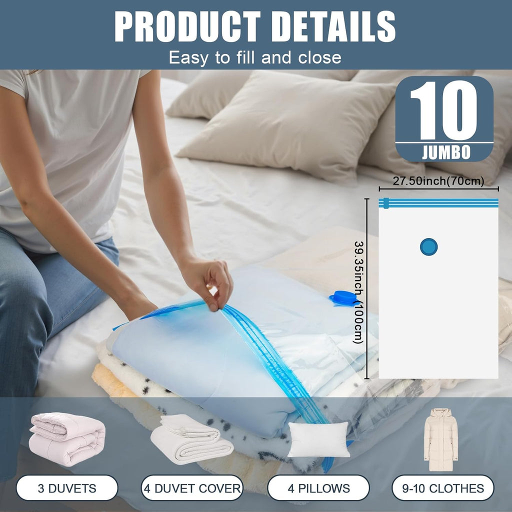 Skiennix Jumbo Vacuum Storage Bags - Extra Large Compression Bags for Clothing & Bedding | Includes Hand Pump