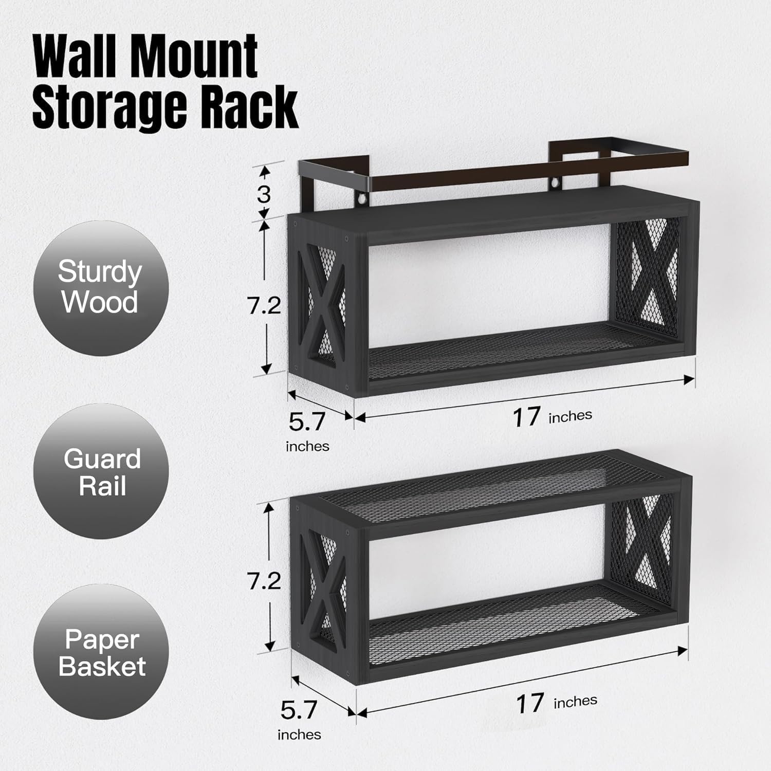 RICHER HOUSE Floating Shelves - Rustic Wood Wall Décor with Guardrail | Versatile Organizer for Bathroom, Kitchen, Living Room - Black