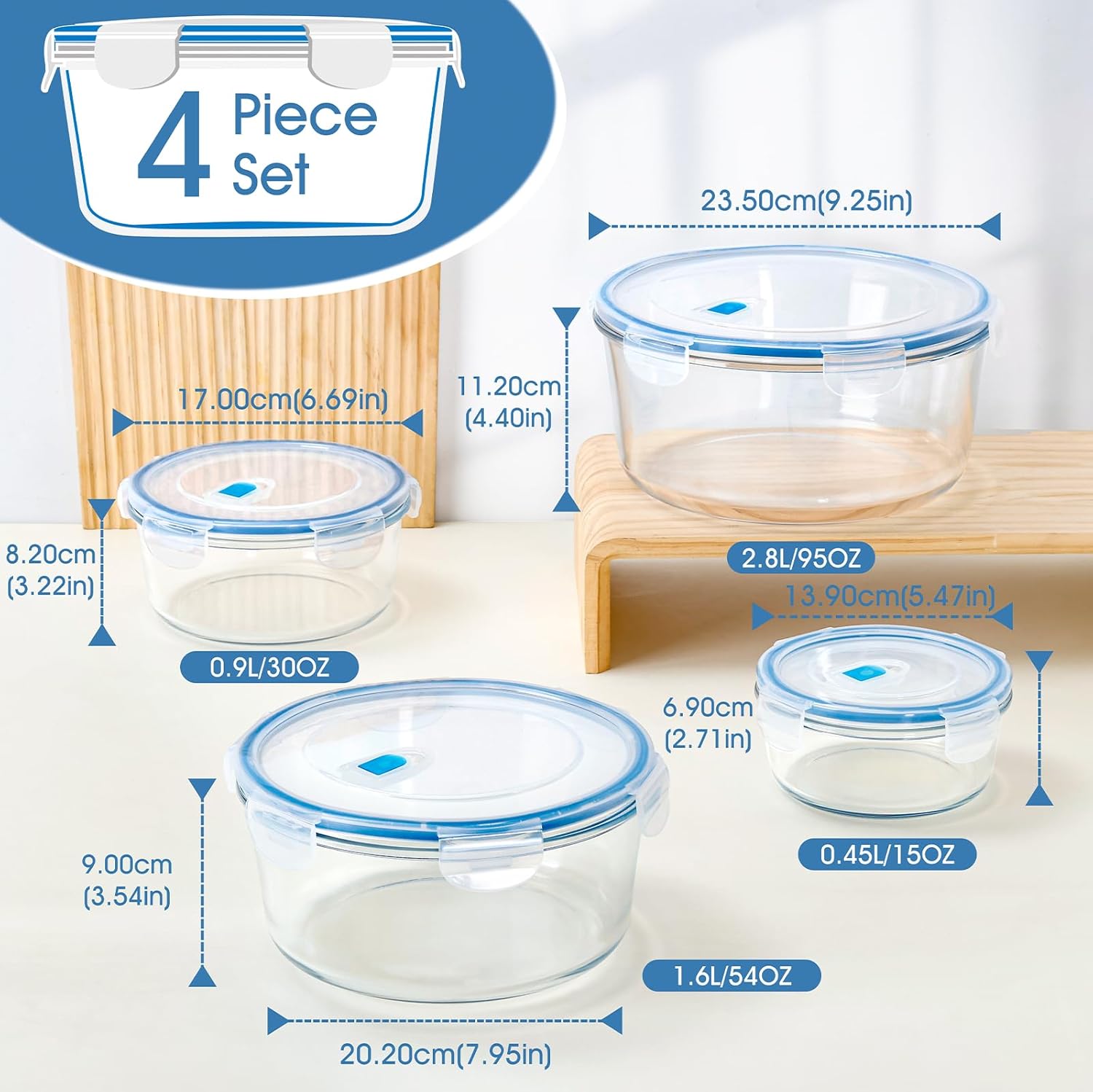 NUTRIUPS Large Round Glass Food Storage Containers - Airtight Lids for Meal Prep | 4-Piece Set