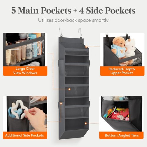 Lifewit Over The Door Organizer - Clear Window Hanging Storage with 4 Pockets | 40 lbs Load Capacity, Gray