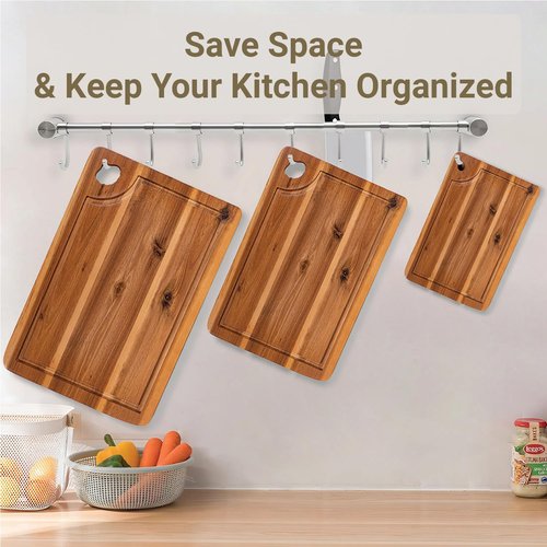 Wooden Cutting Boards for Kitchen Set of 3 Solnawith Holder – Acacia Wood Cutting Board with Juice Groove & Hand Grip – Chopping Boards, Small Wooden Cutting Board, Meat & Vegetable Cutting Board