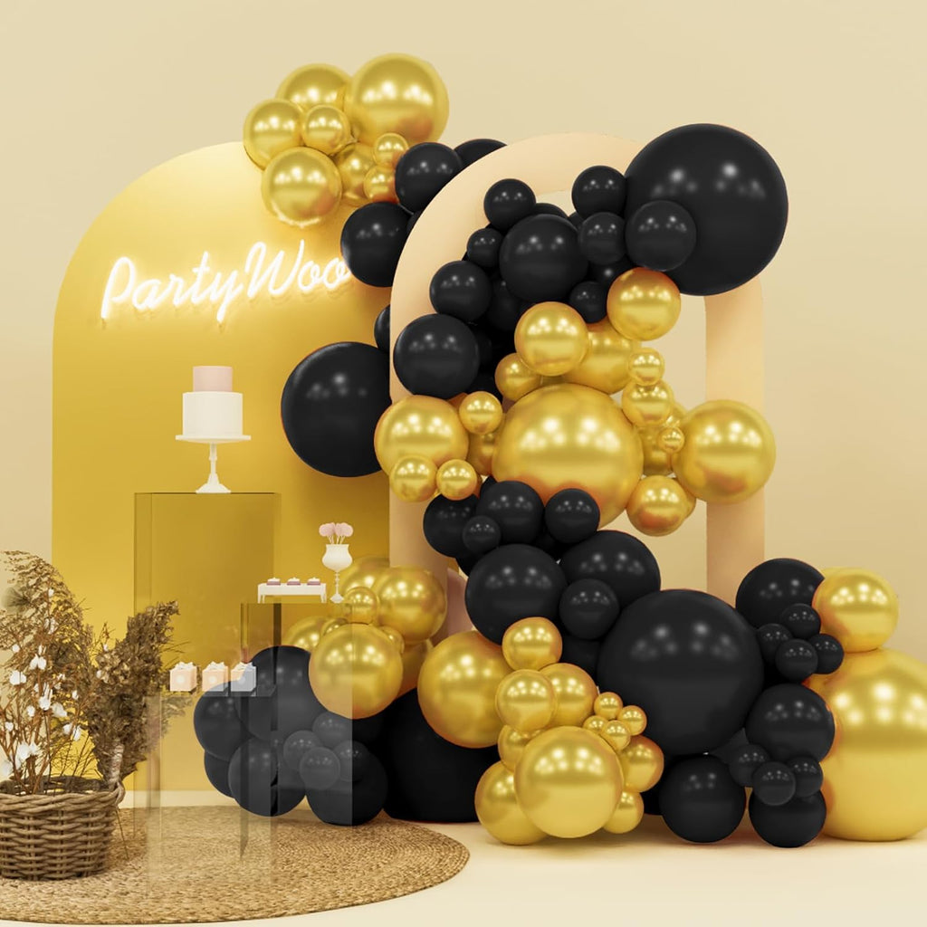 PartyWoo Black and Gold Balloon Arch Kit - 140pcs in 5-18 Inch Sizes for Birthday & Graduation Celebrations