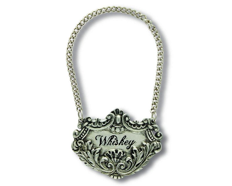 Vagabond House Medici Pewter WHISKEY Decanter Tag/Liquor Bottle Label - Handcrafted Quality Detail Engraved 2.5 inch Wide