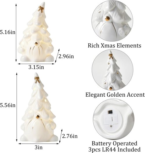 AOMOONOA Ceramic Christmas Tree Gnomes - Lighted Tabletop Decor for Indoor Holiday Cheer - White