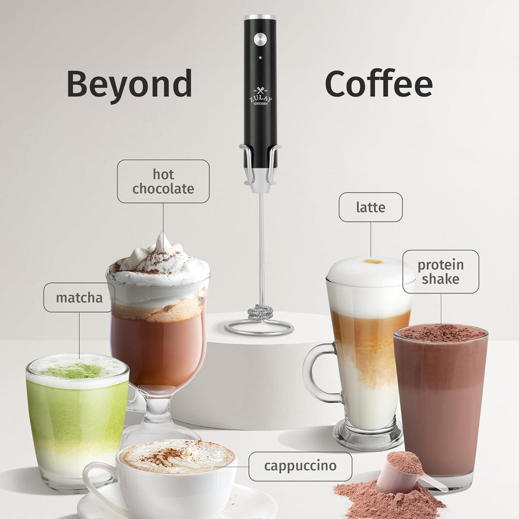 Zulay Kitchen Rechargeable Milk Frother - Powerful 2-Speed Motor, Waterproof, 2000mAh Battery | Perfect for Latte, Cappuccino & Matcha - Obsidian Black