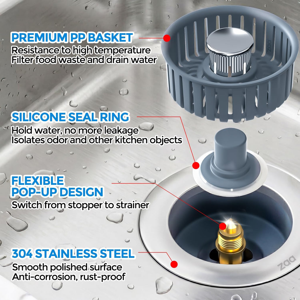 Sink Drain Strainer by [Brand Name] - 3-in-1 Anti-Clogging Kitchen Stopper | Fits 3-1/2'' Sink Hole, Silver