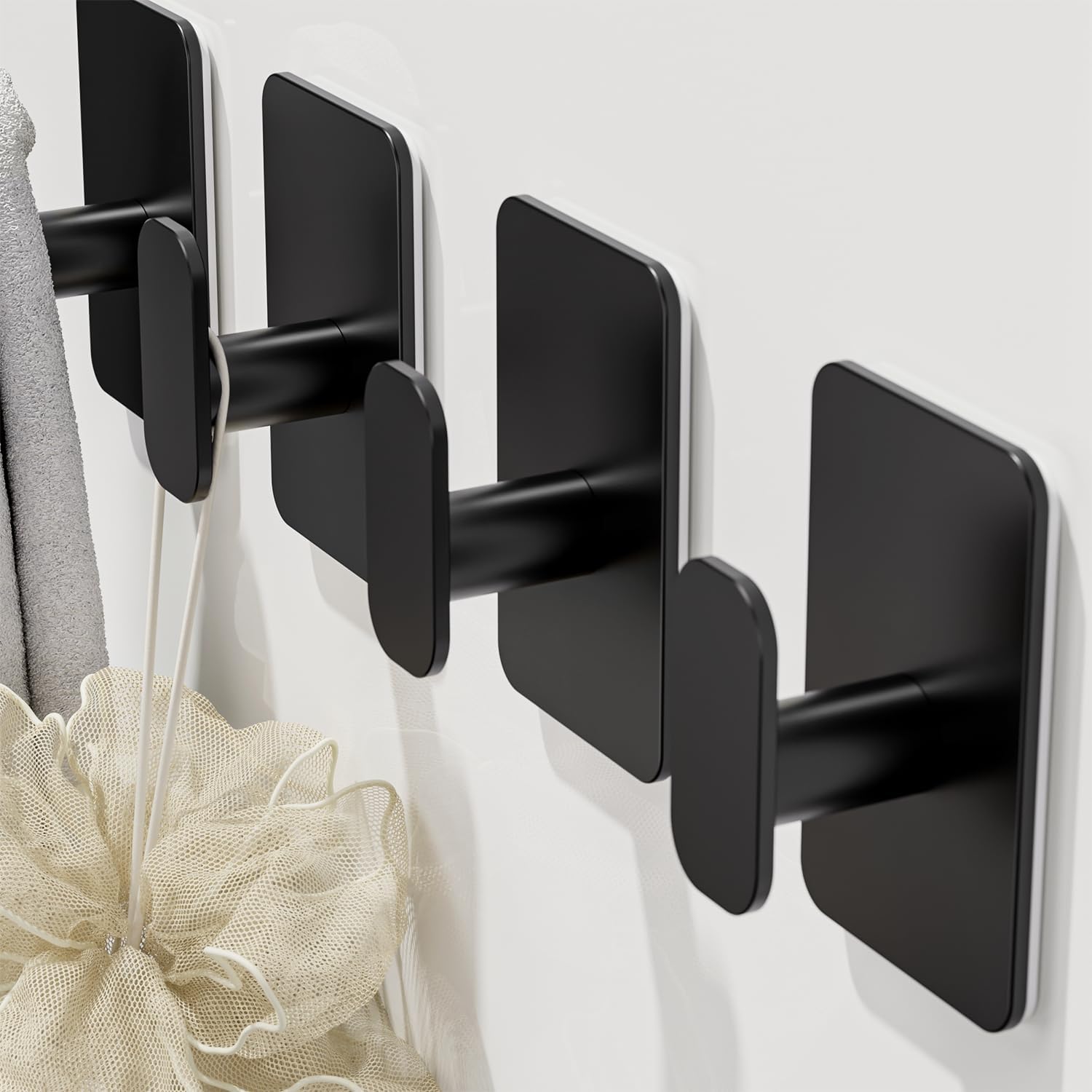 Skiennix Heavy Duty Self-Adhesive Hooks - 26lb Max Capacity, Waterproof & Rustproof for Bathroom | 4 Pack (Black)