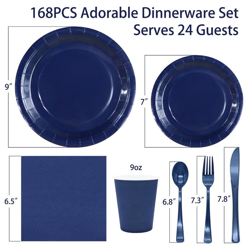 Gudvilla 168pcs Black Paper Plates and Napkins for Halloween Birthday Anniversary Decorations, Black Plates Disposable Dinnerware Sets for Party Supplies and Party Decorations Serves 24