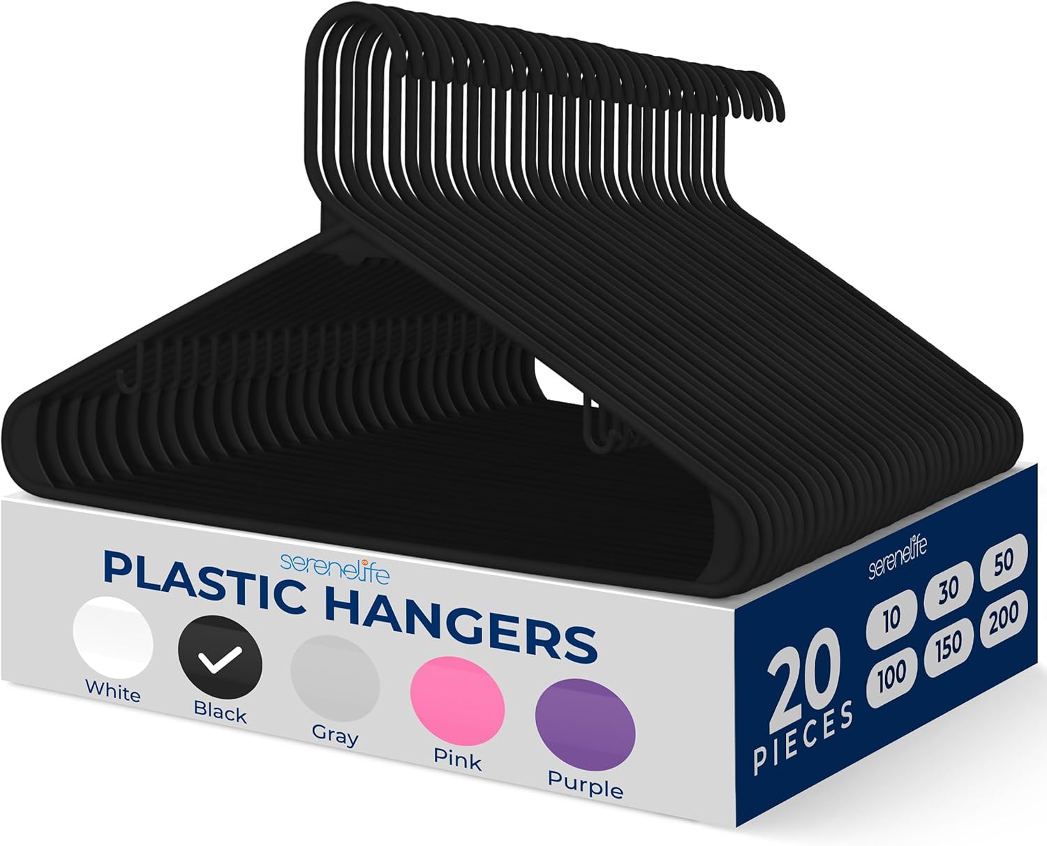 SereneLife Premium Plastic Hangers - Durable, Lightweight Clothes Organizers | 20 Pack in Black