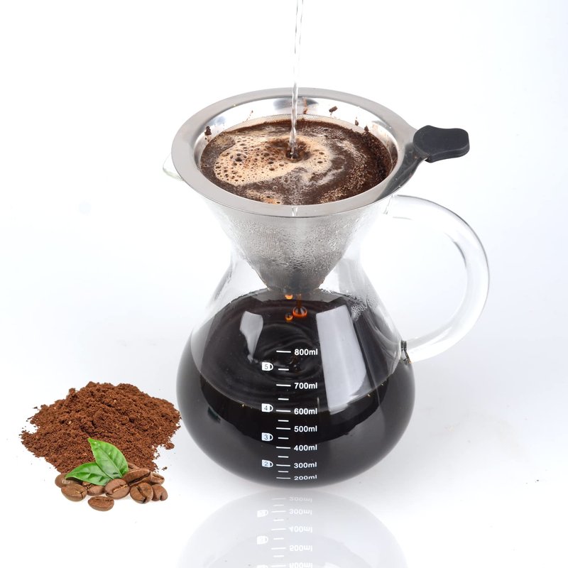 T-mark Pour Over Coffee Maker with Reusable Double-layer Stainless Steel Filter, 800ml/27oz BPA-Free Glass Coffee Carafe, Glass Coffee Maker, Coffee Dripper Brewer.