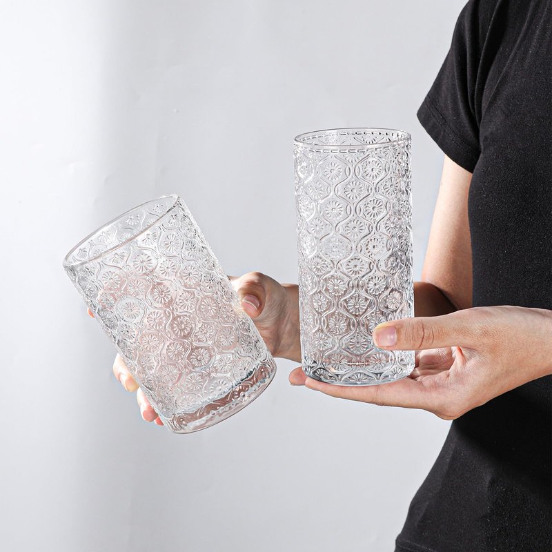 WeirdUncle Set of 4 Vintage Embossed Glassware,2 Collins Glass cups 12oz & 2 Highball Drinking Glasses 16oz, Clear, Art Deco, for Beer, Water, Cocktail, Juice, Whiskey, Gift