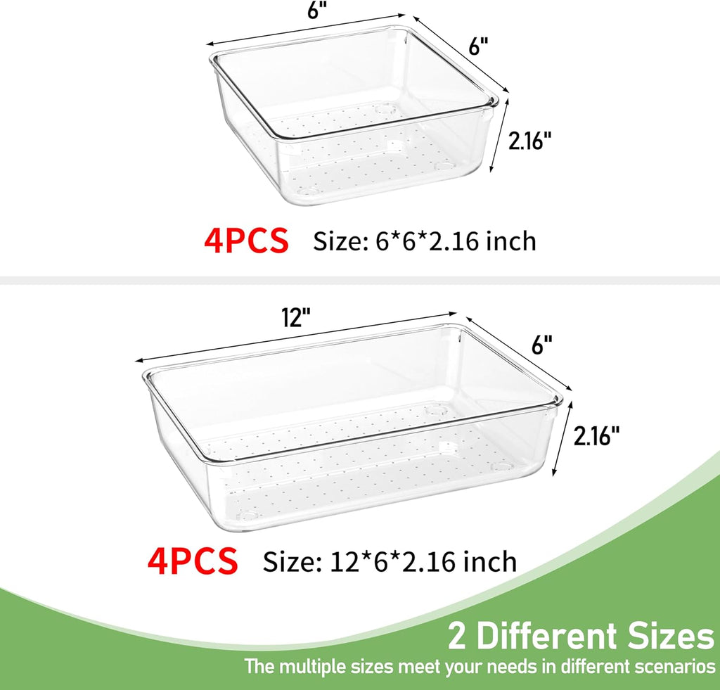 Skiennix 8 PCS Clear Plastic Drawer Organizer Trays - Versatile Acrylic Storage for Home & Office