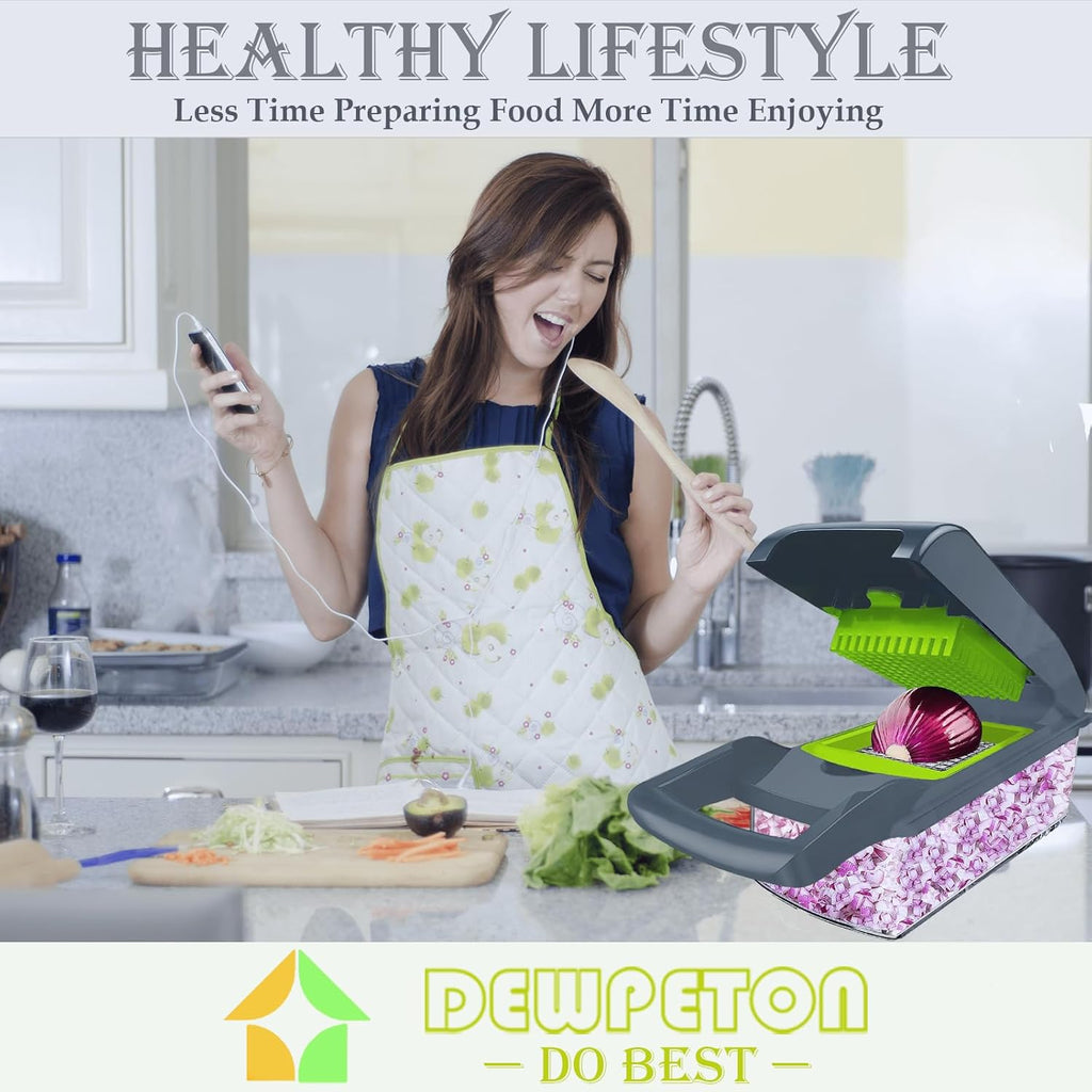 Skiennix Vegetable Chopper Dicer - Stainless Steel Manual Kitchen Gadget with Container & Grater