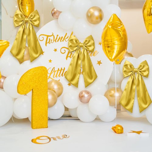 Gold Satin Bow Decorations by [Brand Name] - 3 Pcs 2 FT Large Hanging Wall Decor for Weddings & Parties