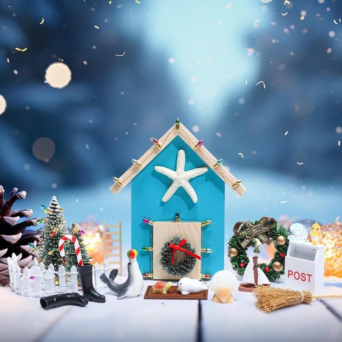 Gerrii 22 Pcs Blue Christmas Fairy Doors - Miniature Wooden Decor Kit for Dollhouses & Kids' Rooms